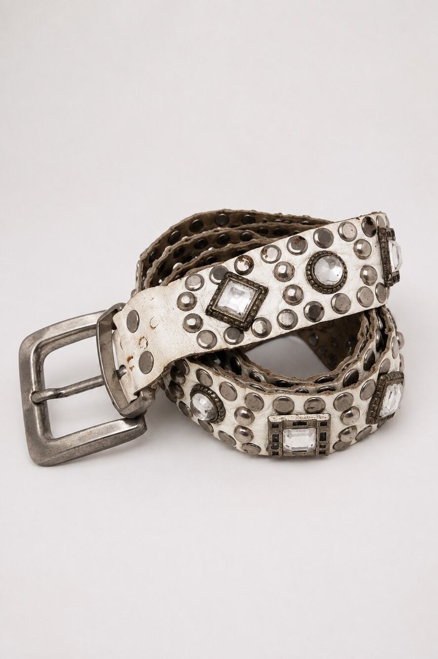 Sand Castle New York Vintage 80s White Leather Jewel Embellished Belt
